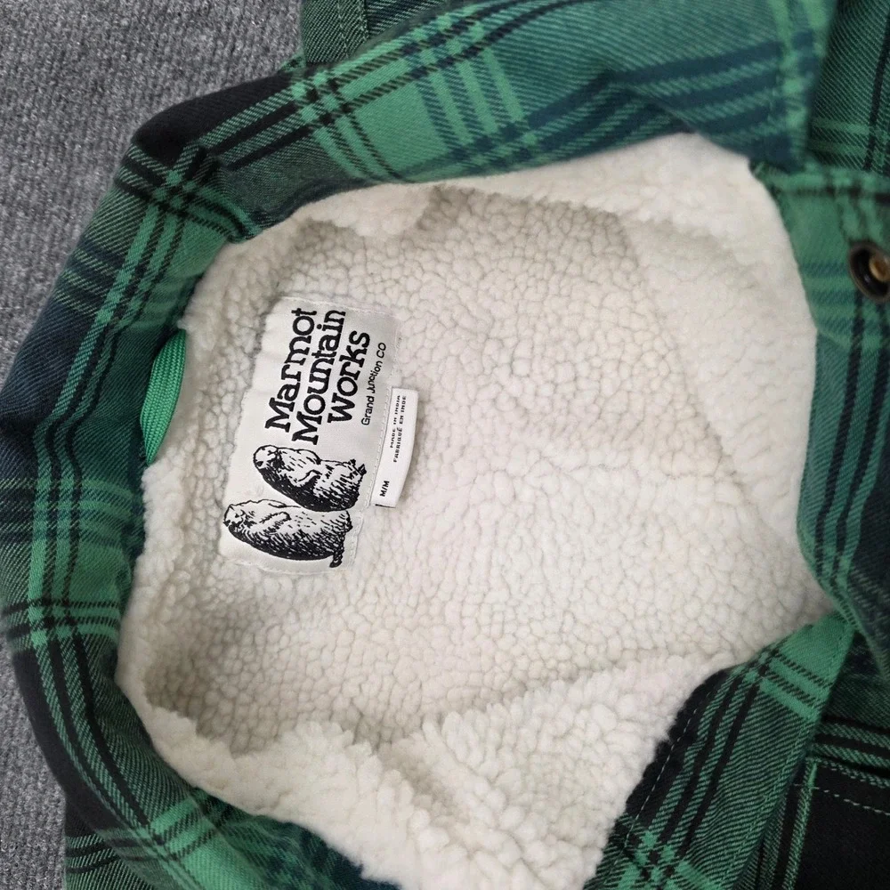 Marmot Ridgefield Sherpa Lined Flannel Shirt Jacket Clover Green Plaid Mens M